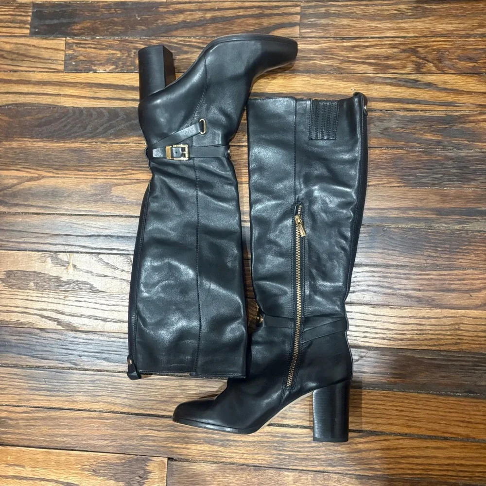 Michael Kors Arley Black Leather‎ Knee High Boots Gold Zipper Size 8 - Picture 3 of 8